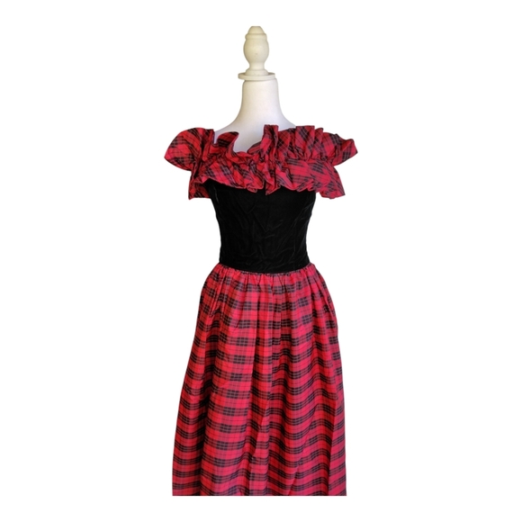Vintage Prago Plaid Off The Shoulder Ruffle Trim Midi Length Dress Size 8 - Picture 3 of 10